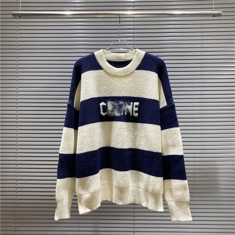 Celine Striped Navy White Crewneck Knit Sweater