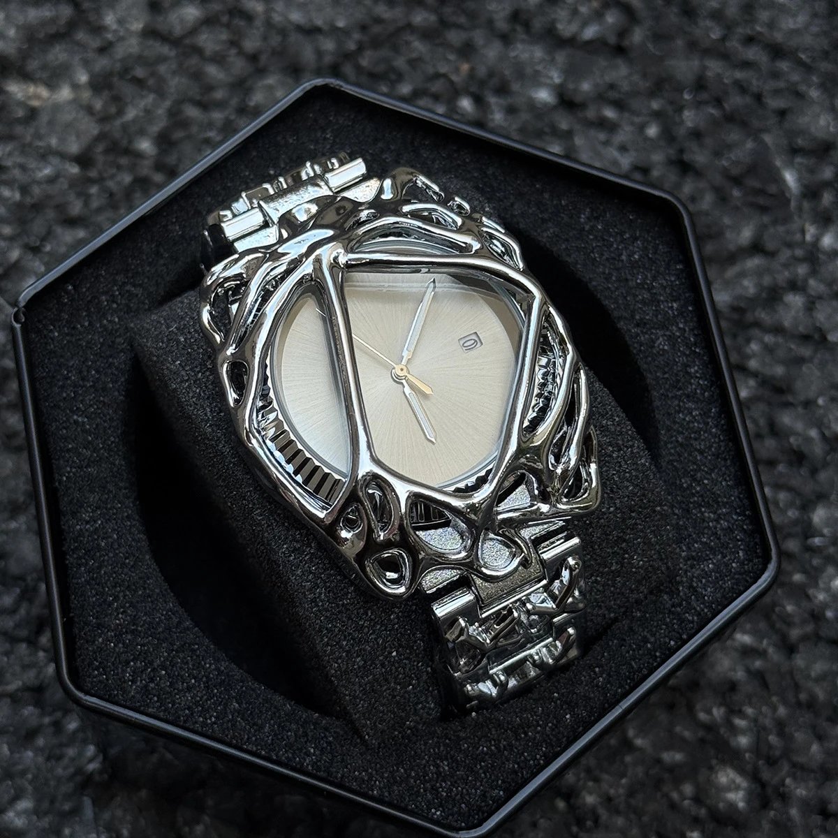 Silver Tone Geometric Blue Dial Statement Watch