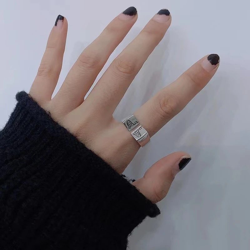 Silver Square Engraved Ring Black Matte Nail Art