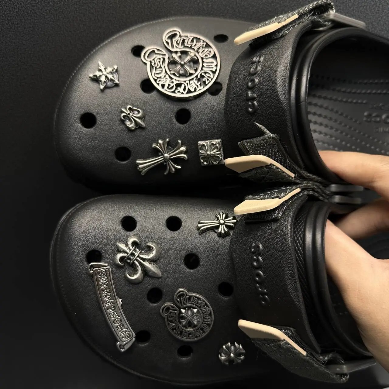 Crocs Classic Black Punk-Style Clog With Metal Charms
