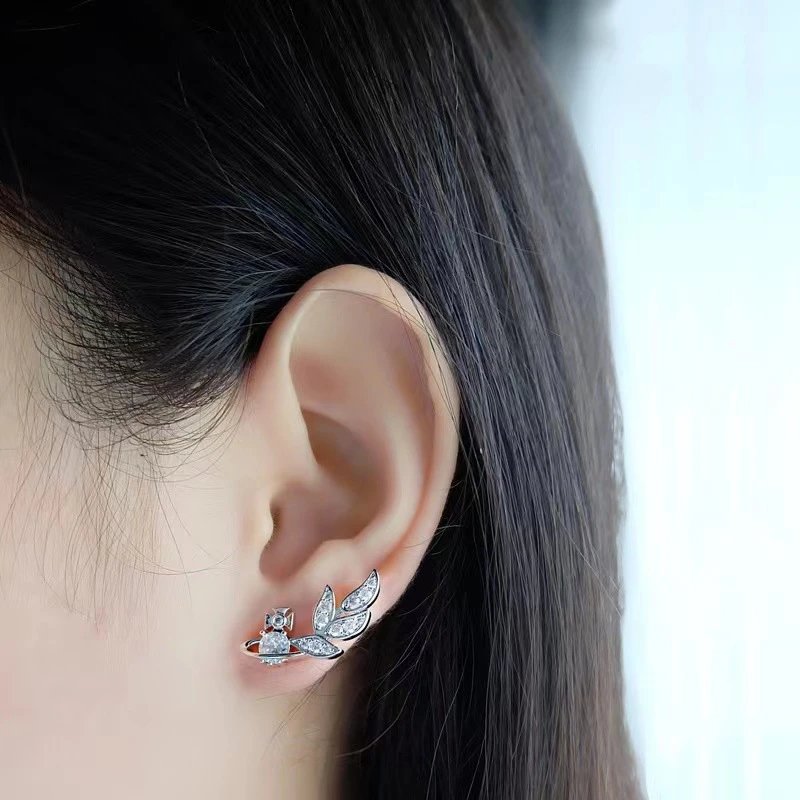 Silver Leaf Design Crystal Stud Earrings