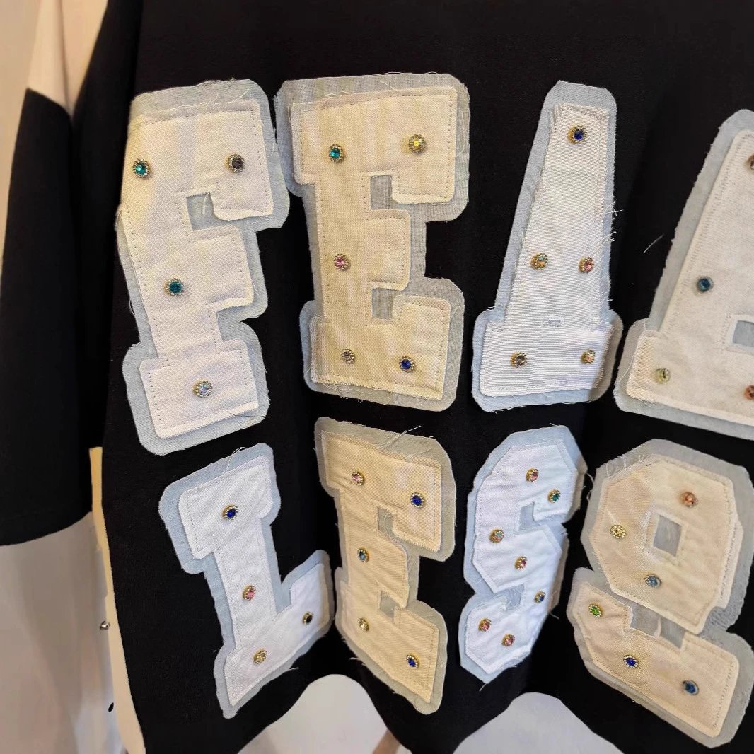Black Oversized Sweatshirt With Embellished White Letter Patches