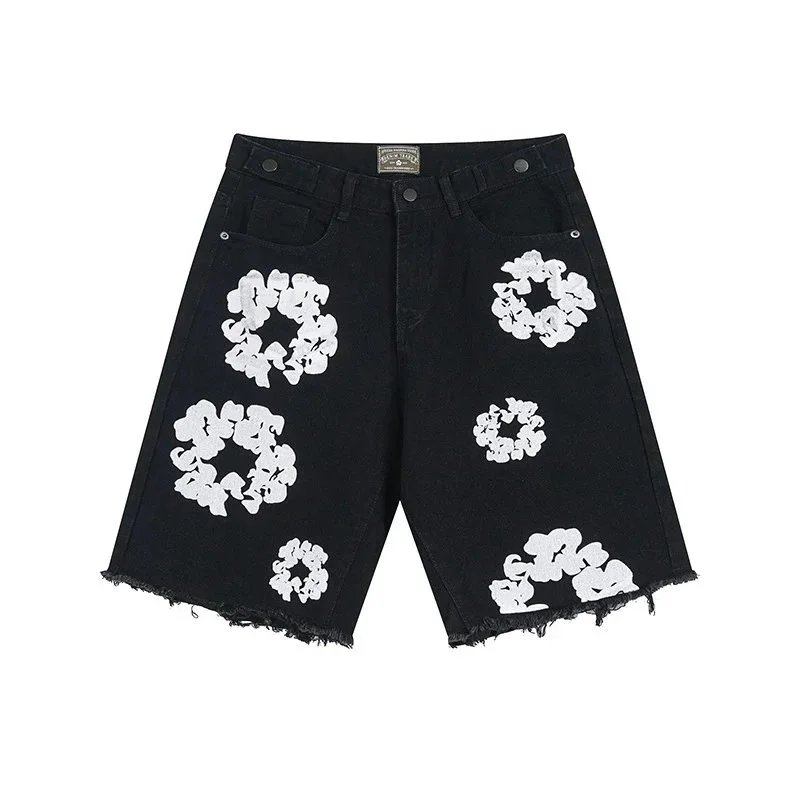 Denim Shorts Blue Black White Floral Embroidered Distressed