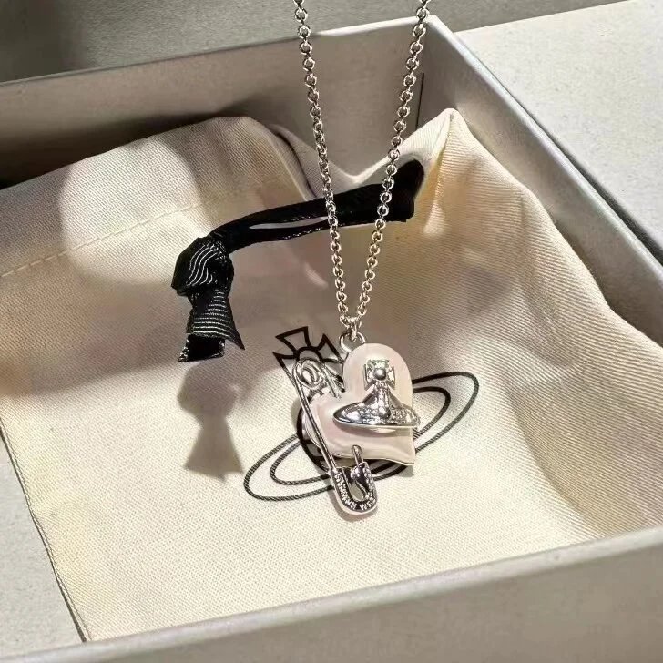 Vivienne Westwood Pearl Heart Safety Pin Necklace Silver
