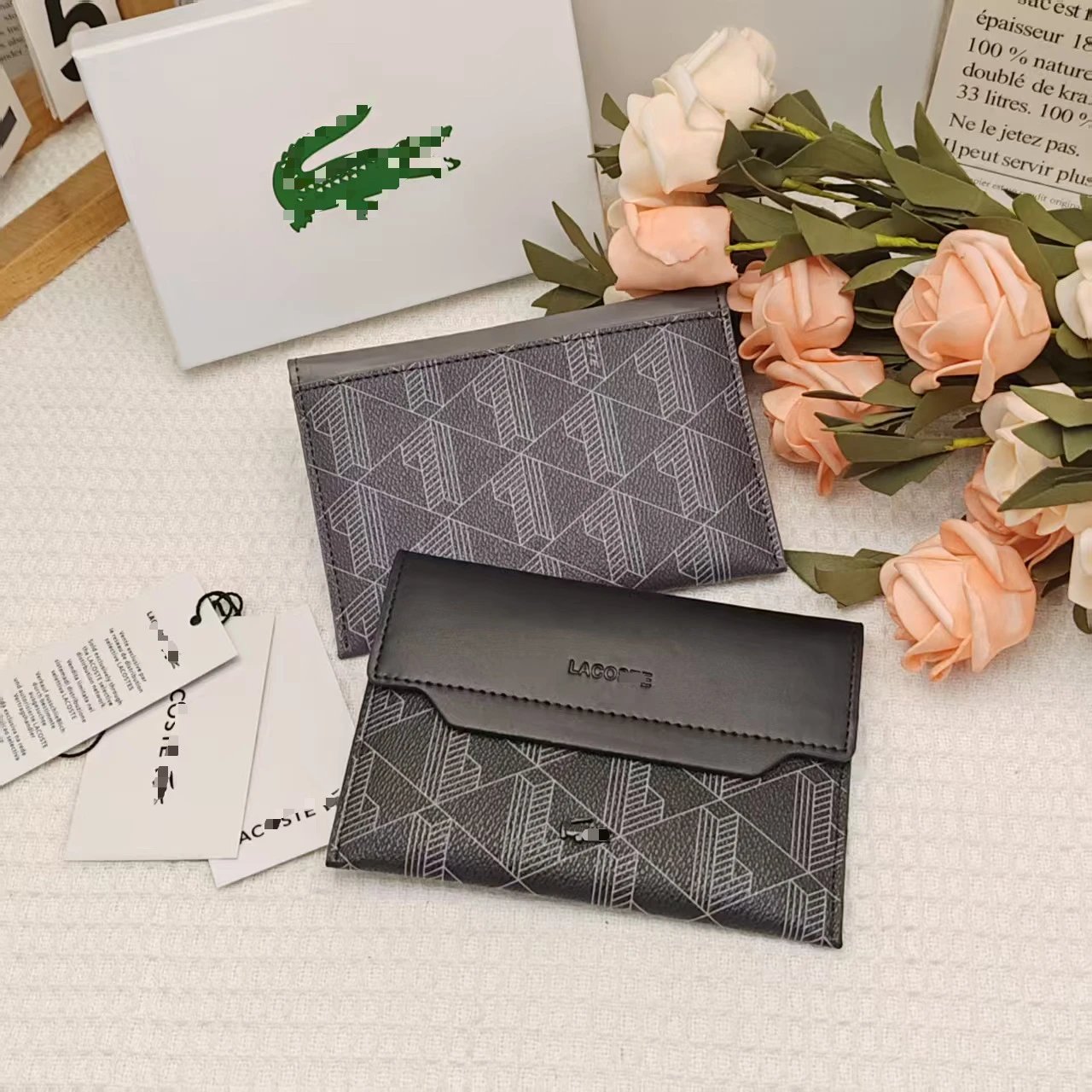 Lacoste Wallet Black Geometric Pattern Leather Cardholder