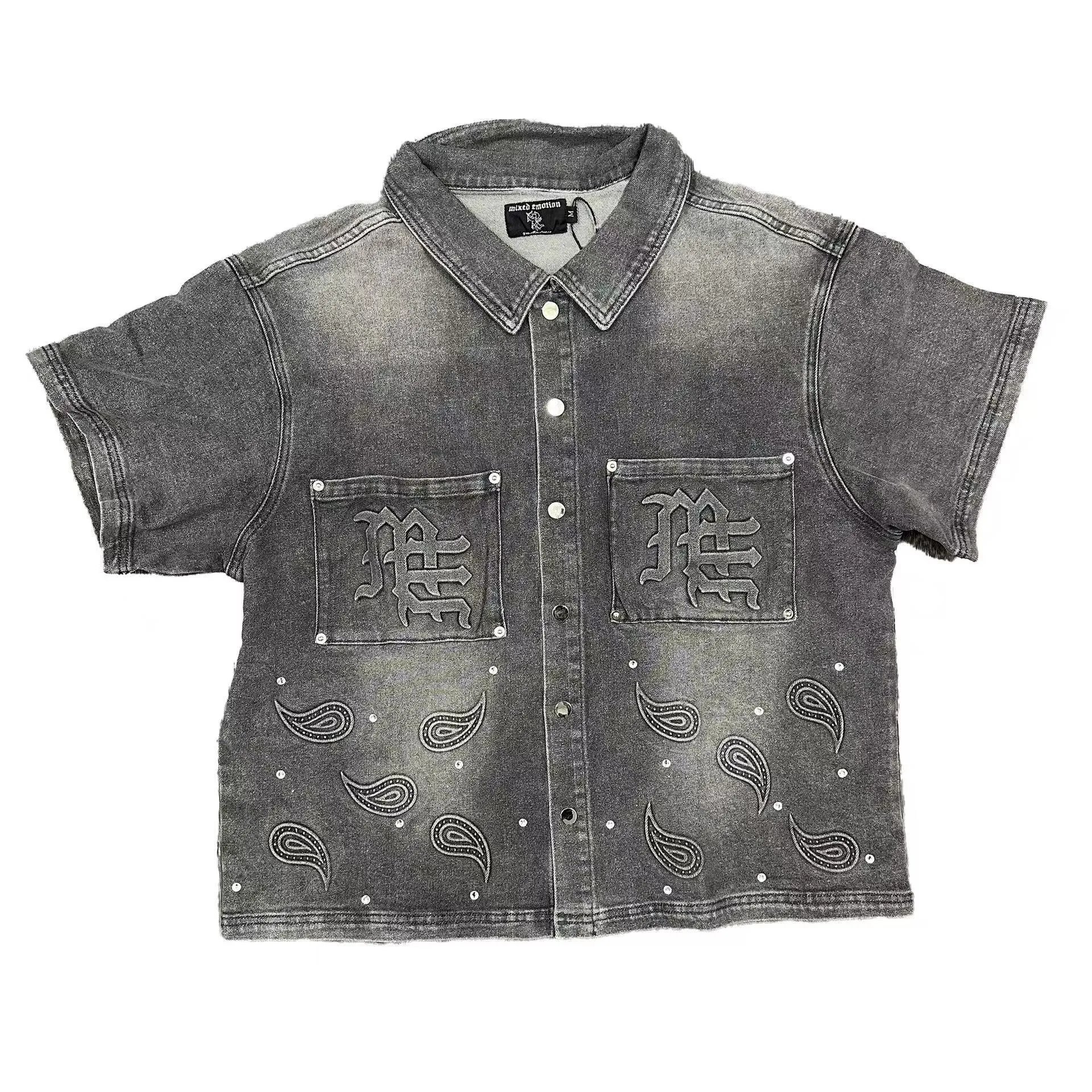 Mixed Emotion Shirts Short-sleeve denim button-up shirt with paisley embroidery and studs image 4