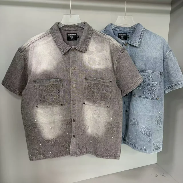 Mixed Emotion Shirts Short-sleeve denim button-up shirt with paisley embroidery and studs product detail image 2