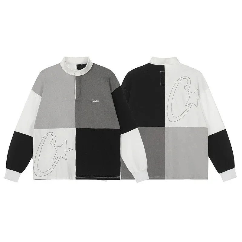 Colorblock Long Sleeve Polo Shirt White Gray Black Sporty