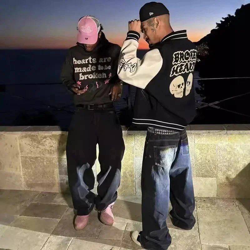 Black Graphic Hoodie with Pink Hearts and Lightning Bolts Streetwear