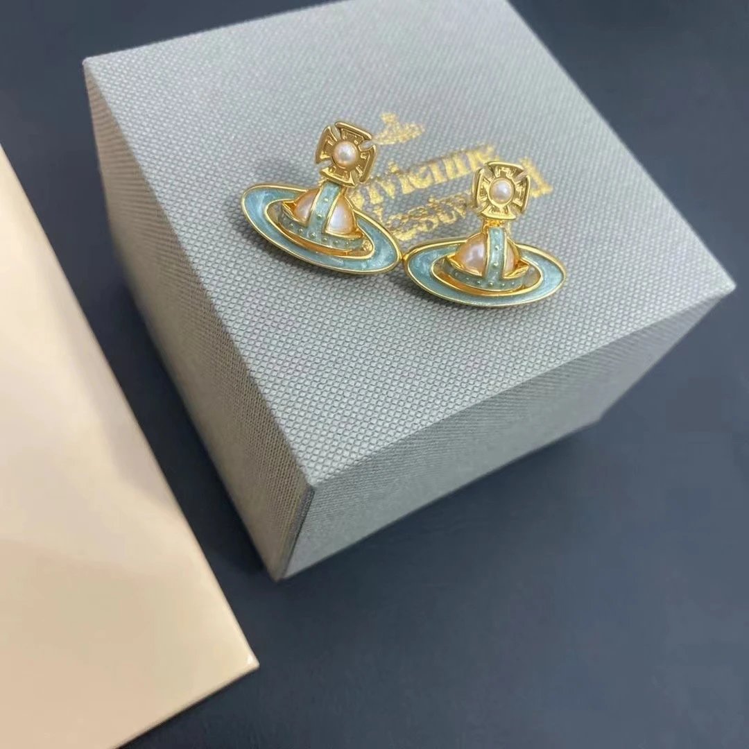 Vivienne Westwood Orb Gold Tone Mint Green Enamel Pearl Earrings