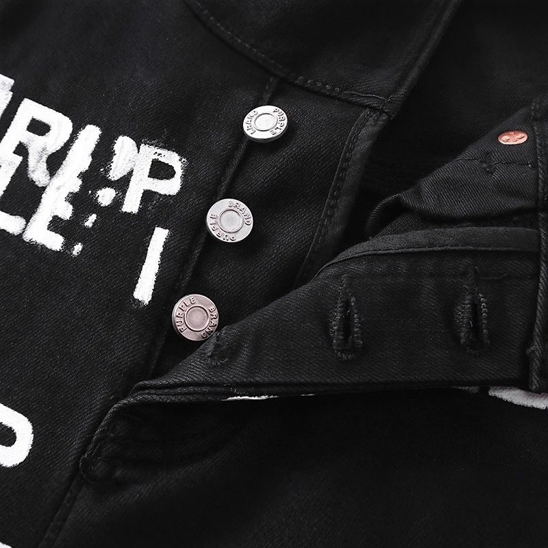 Black Denim Jacket with White Graffiti Print Distressed Style