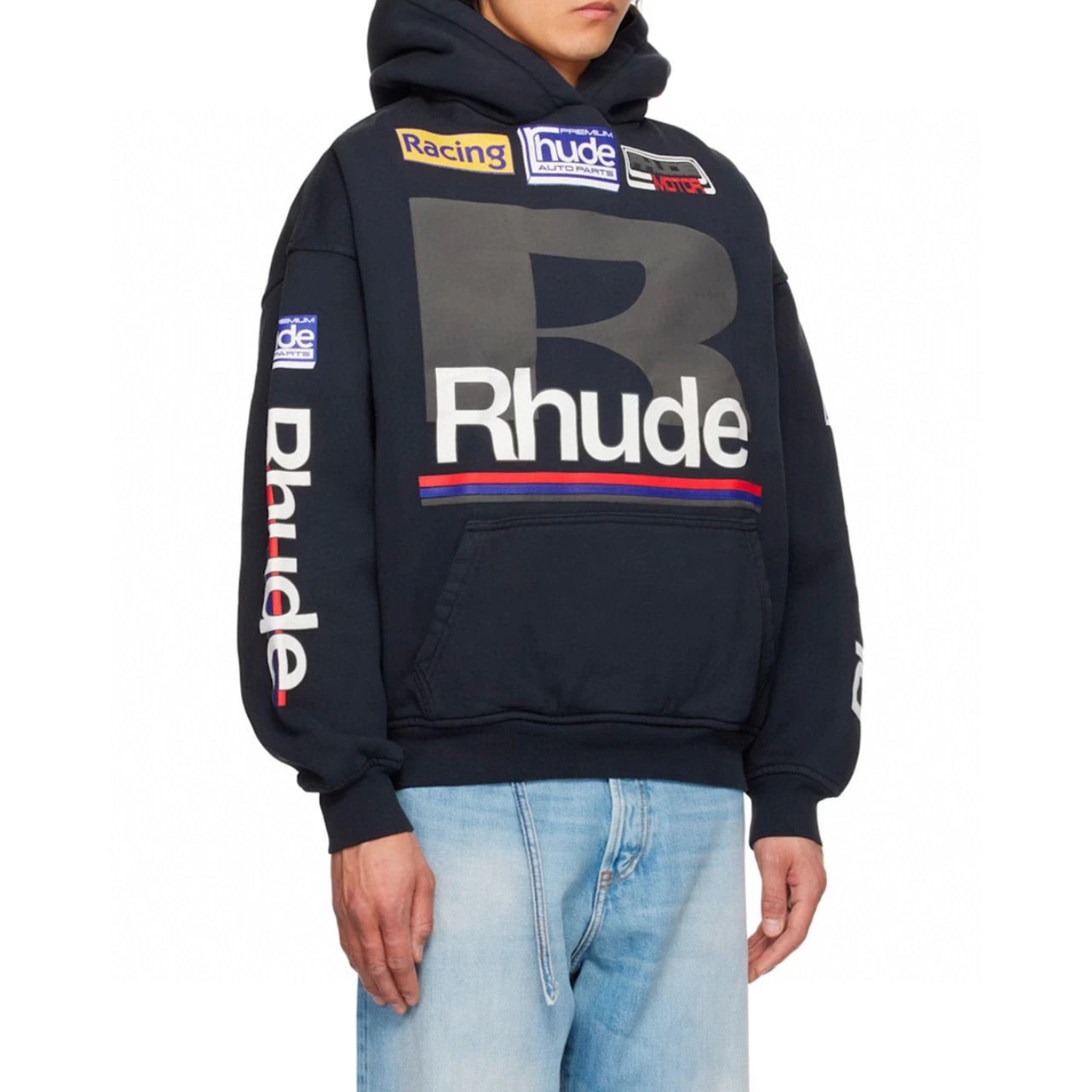 Rhude Racing Logo Navy Oversized Hooded Sweatshirt