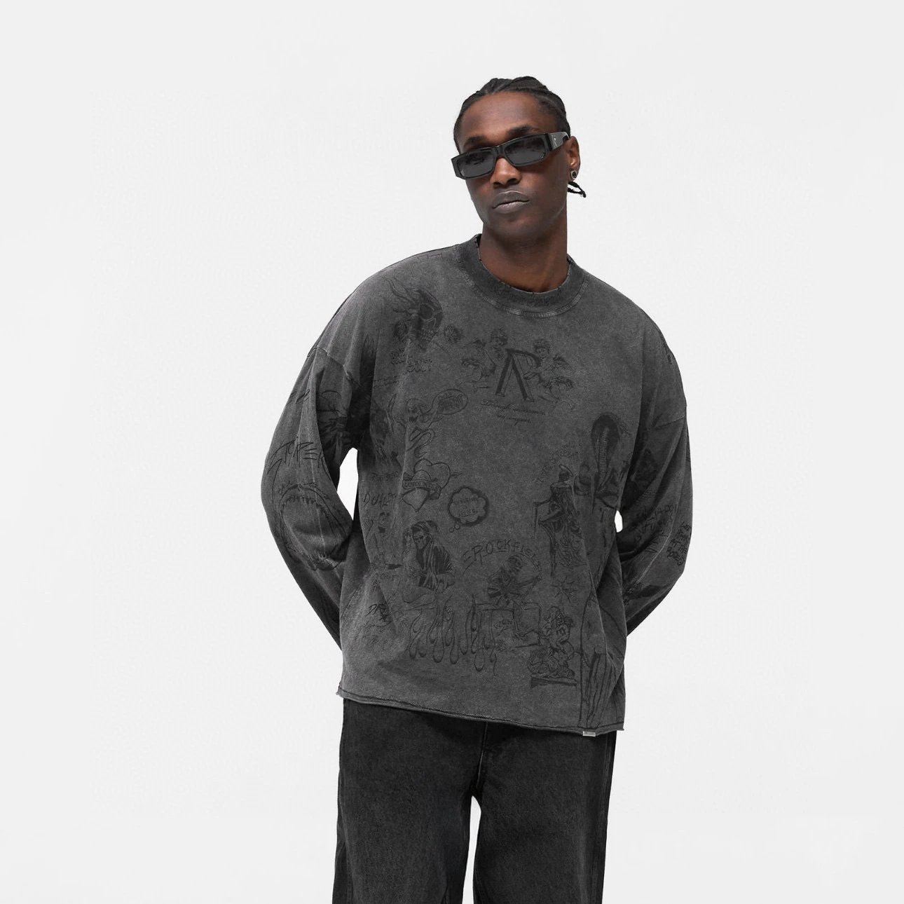Graphic Print Charcoal Washed Oversized Crewneck Sweatshirt