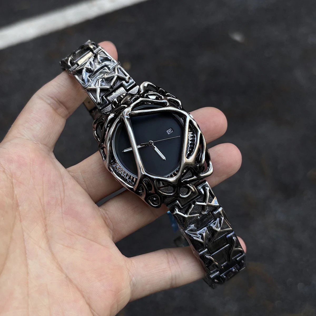 Silver Tone Geometric Blue Dial Statement Watch