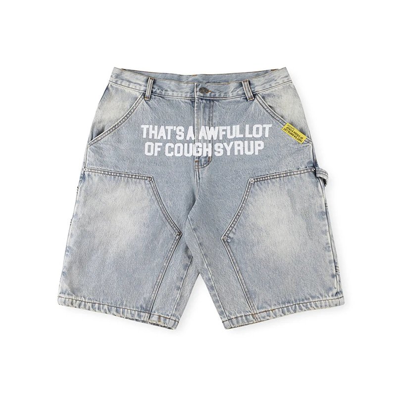 Denim Shorts Light Blue Graphic Print Cargo Style