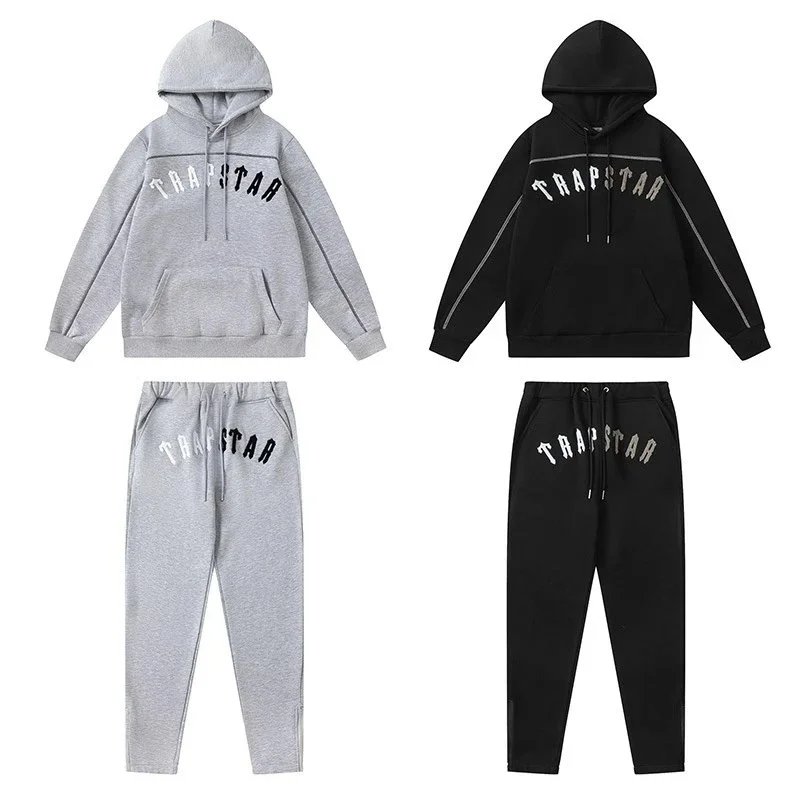 Trapstar Hooded Sweatshirt And Jogger Set Black Gray Red Sportswear