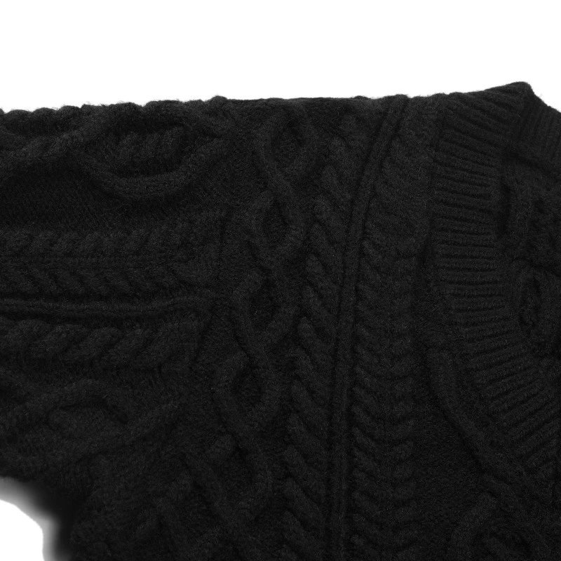 Black Cable Knit Wool Sweater Classic Crewneck