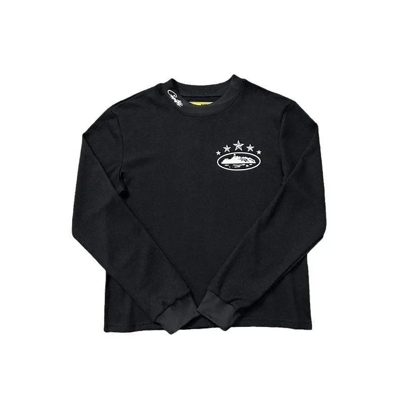 Oval Logo Ribbed Long Sleeve Crewneck Black And White Casual Top