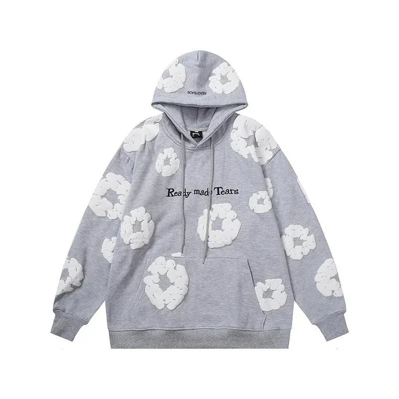 Ready Made Tears Gray Black Oversized Hoodie With 3D Flower Appliqué