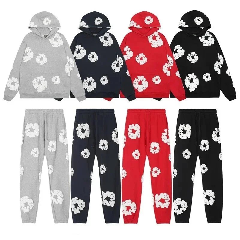 Floral Print Hooded Sweatshirt Set Gray Navy Red Black Streetwear