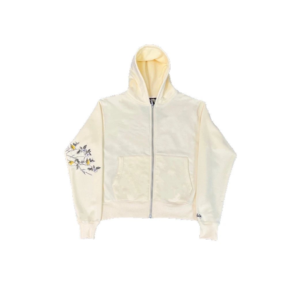 Cream Full Zip Hoodie with Floral Embroidery Casual Sweatshirt