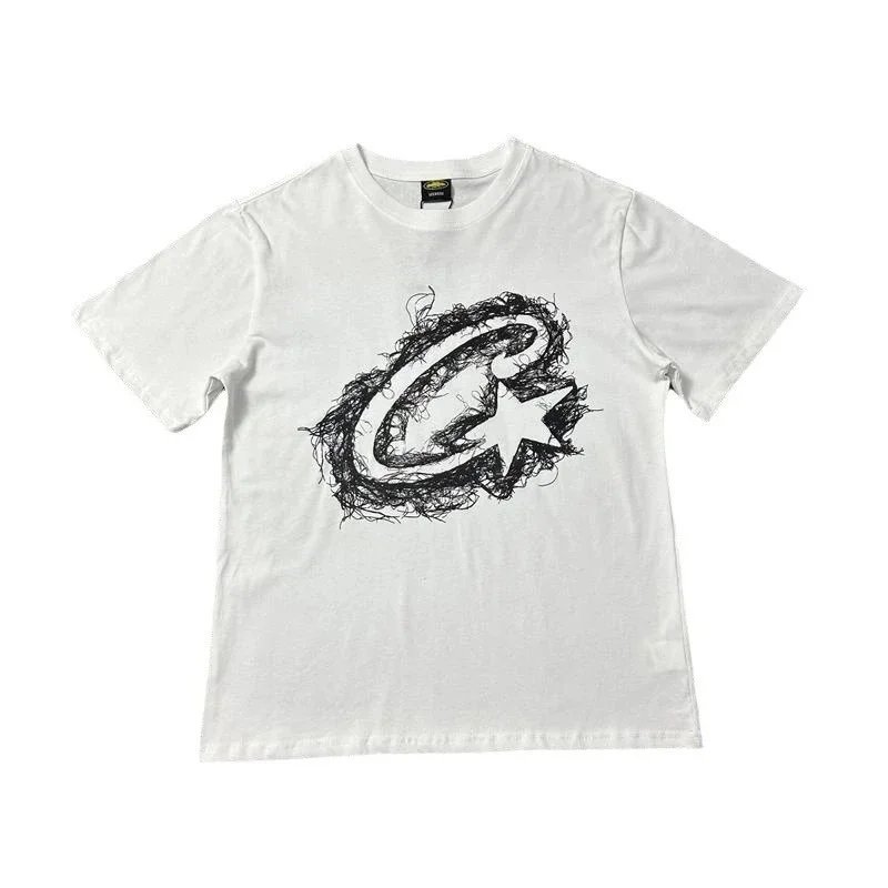 White Cotton T-Shirt with Black Scribble Star Logo Graphic Tee