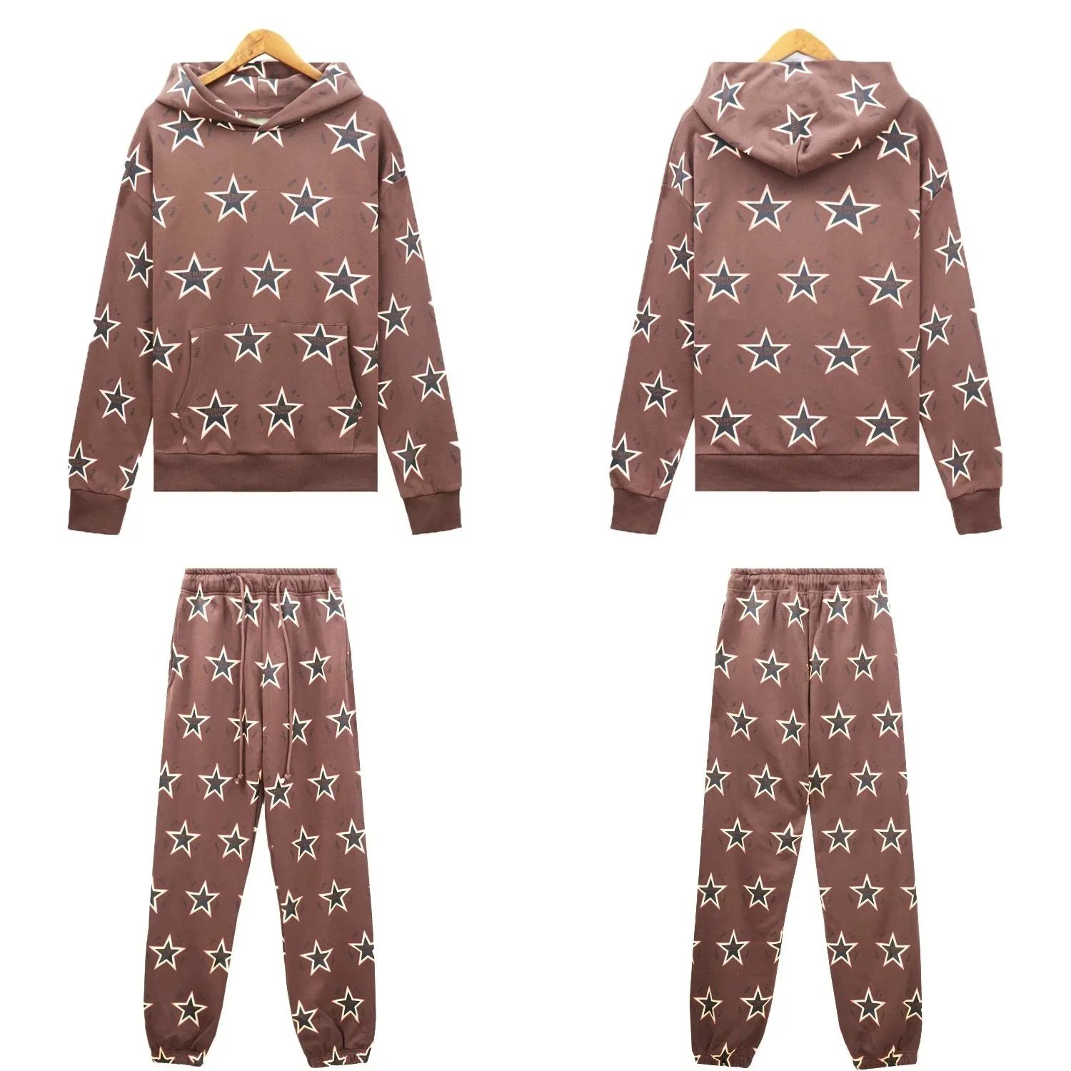 Star Print Hooded Sweatshirt And Jogger Pants Set Black Gray Yellow Coffee Casual
