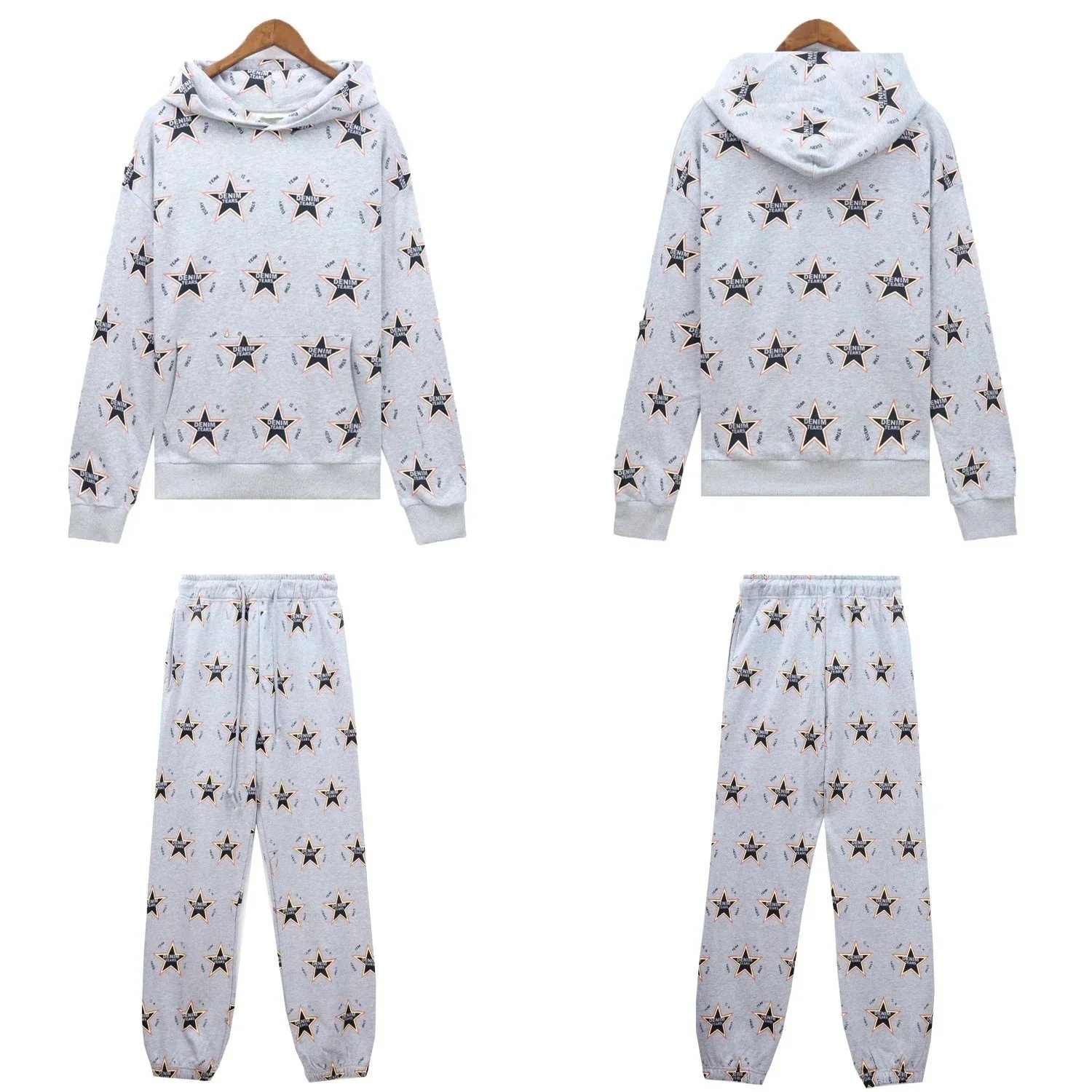 Star Print Hooded Sweatshirt And Jogger Pants Set Black Gray Yellow Coffee Casual
