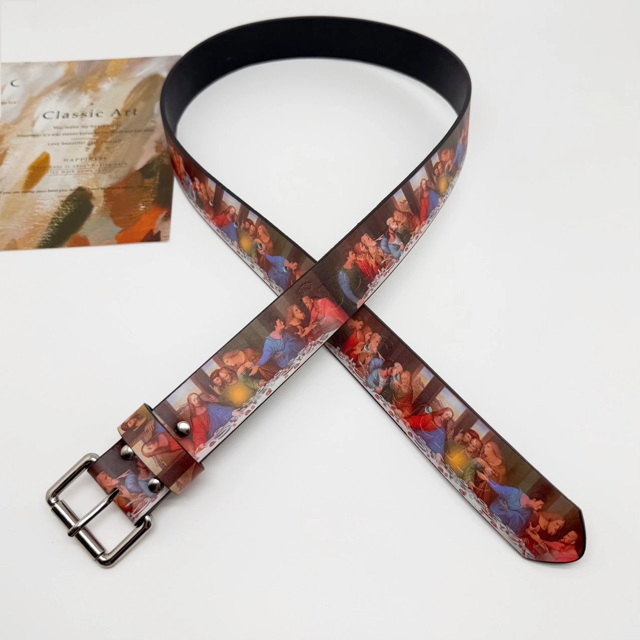 Classic Art Print Brown Leather Belt Vintage Style