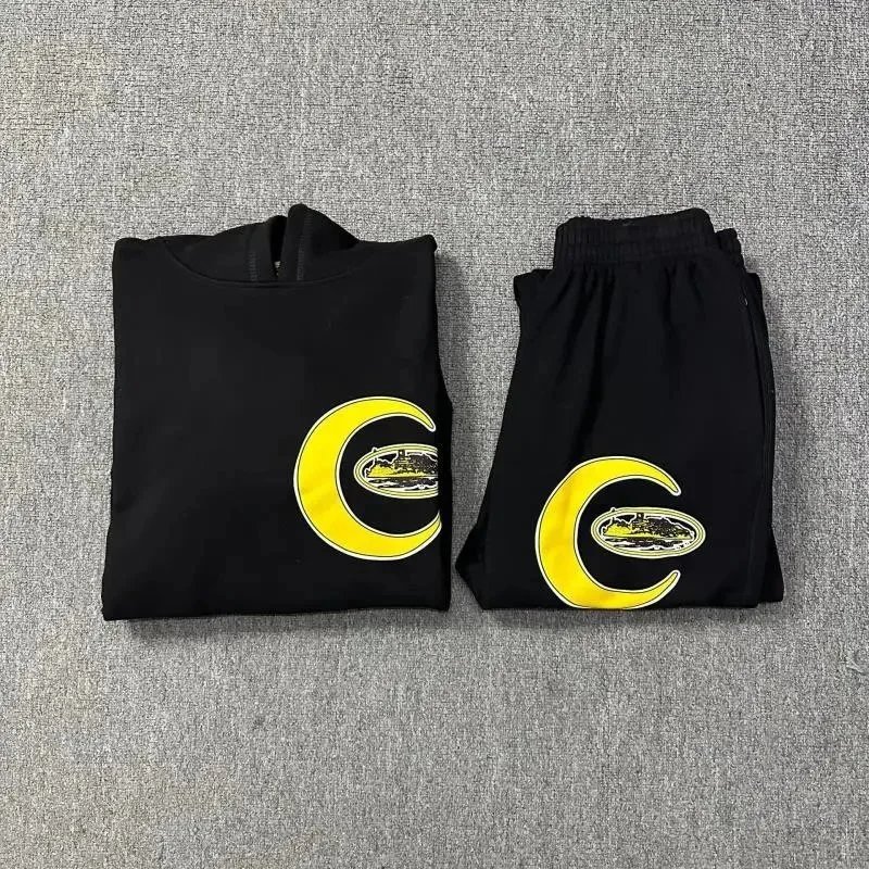 Black Hoodie and Jogger Set with Yellow Crescent Logo Sportswear