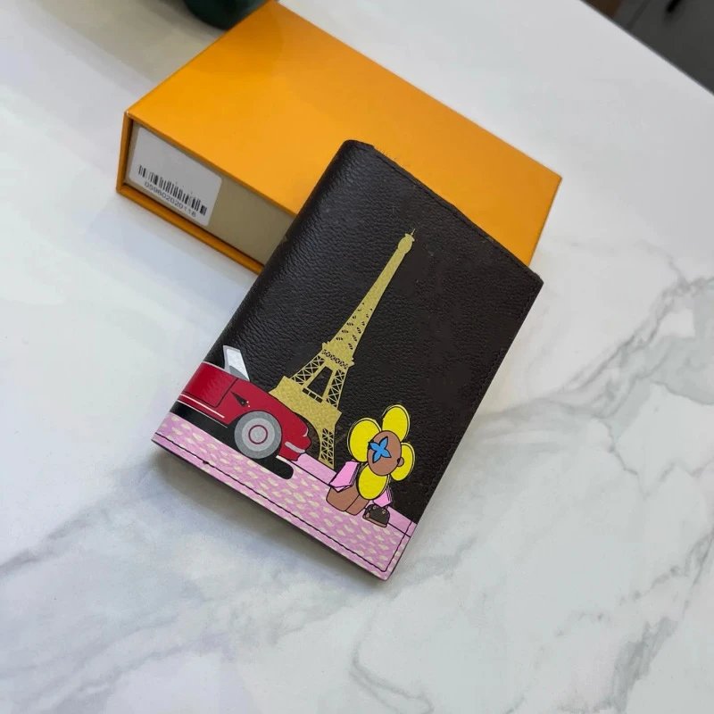 Leather Wallet Black Eiffel Tower Cartoon Print Bifold
