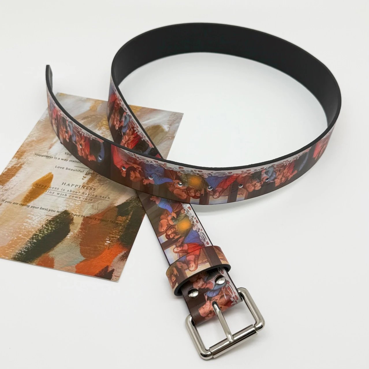 Classic Art Print Brown Leather Belt Vintage Style