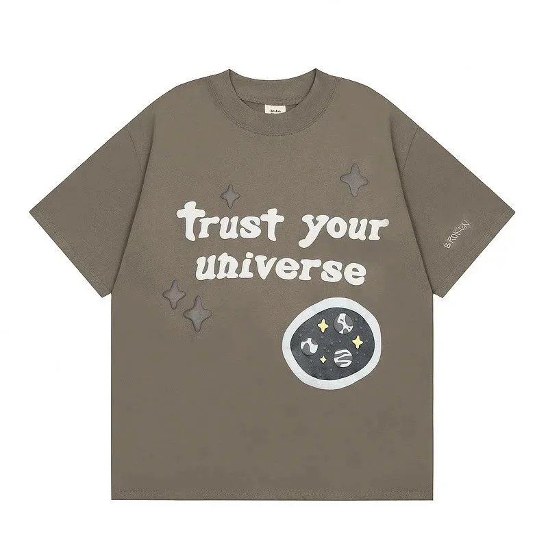 Olive Green Graphic Print T-Shirt With Cosmic Motif