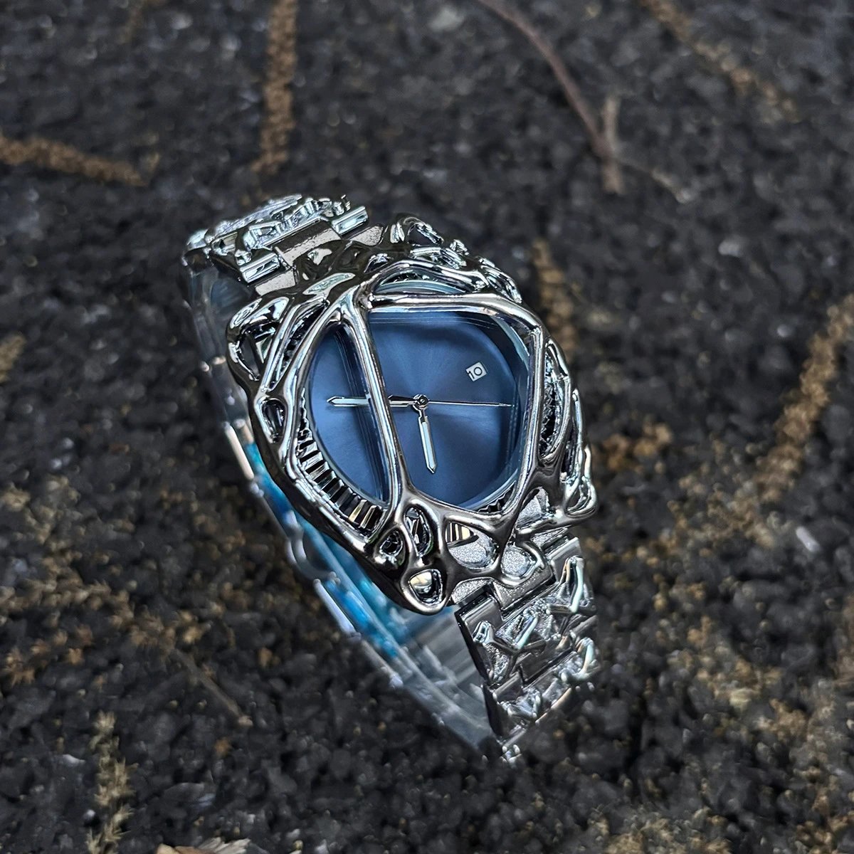 Silver Tone Geometric Blue Dial Statement Watch