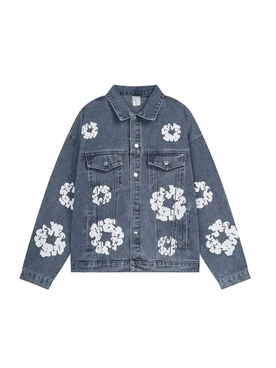 Denim Jacket And Pants Set White Blue Black Floral Embroidered Casual