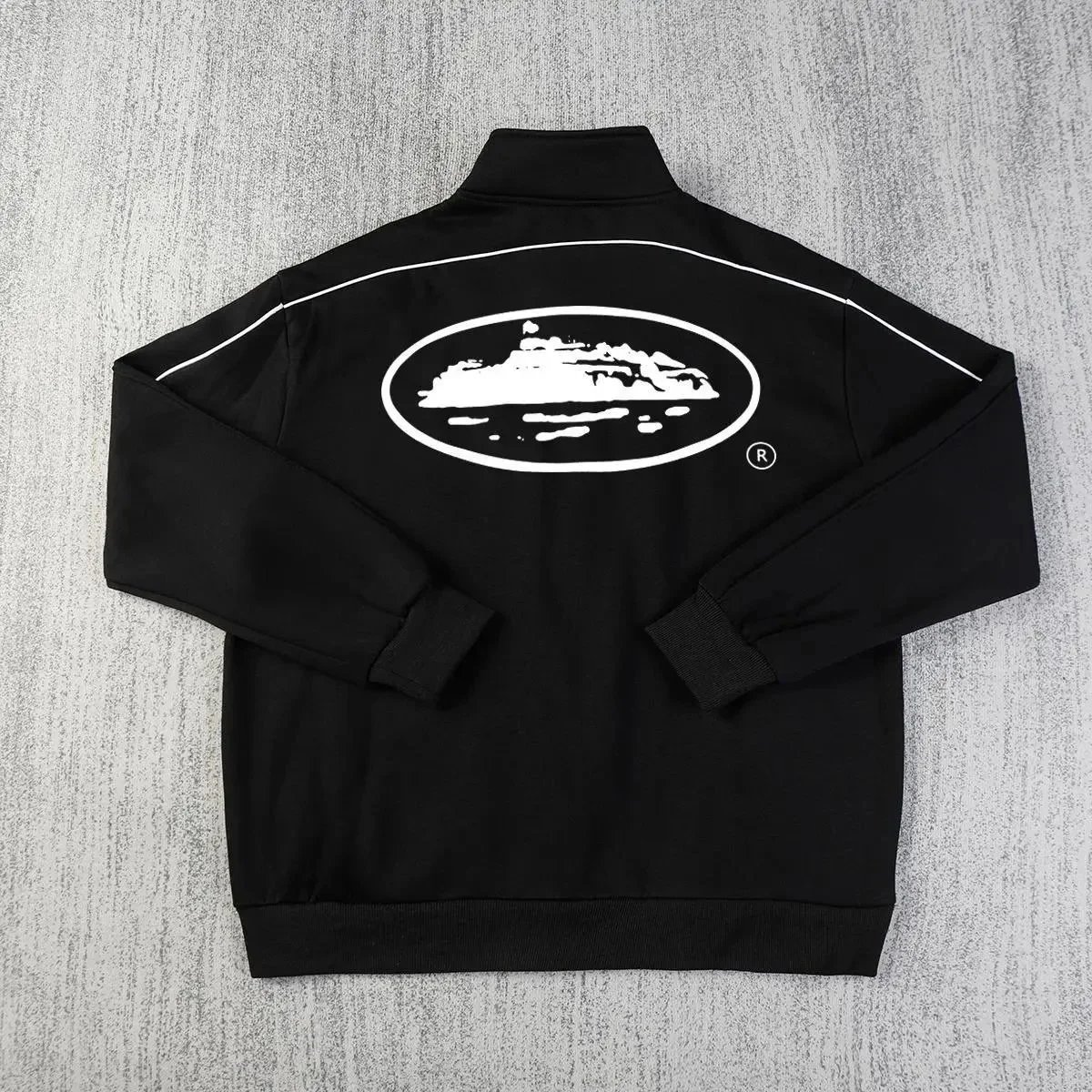 Black Track Jacket with Graphic Back Prints Streetwear