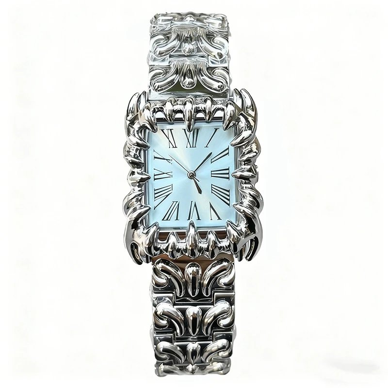 Ornate Silver Tone Red Dial Gothic Style Wristwatch