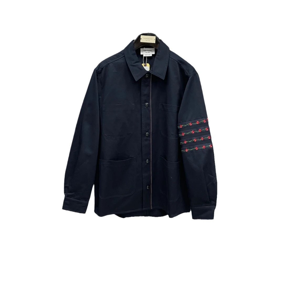Thom Browne Navy Blue Embroidered Sleeve Shirt