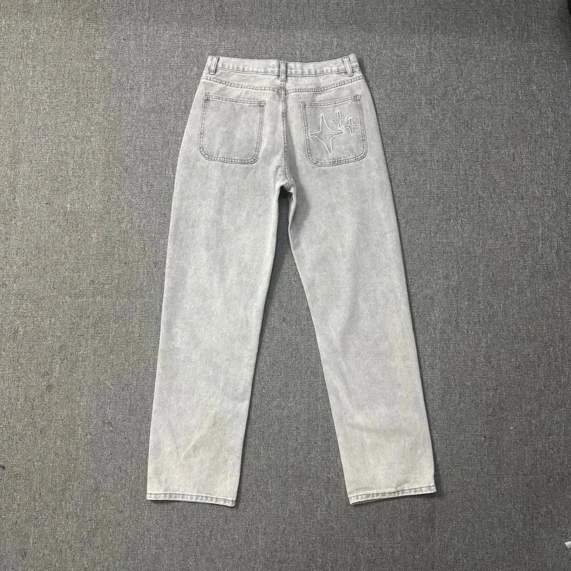 Black Denim Jeans with Star Embroidery Distressed Style