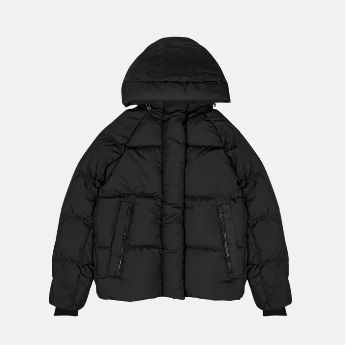 Black Puffer Jacket With Mint Green Accents Graffiti Hooded Style