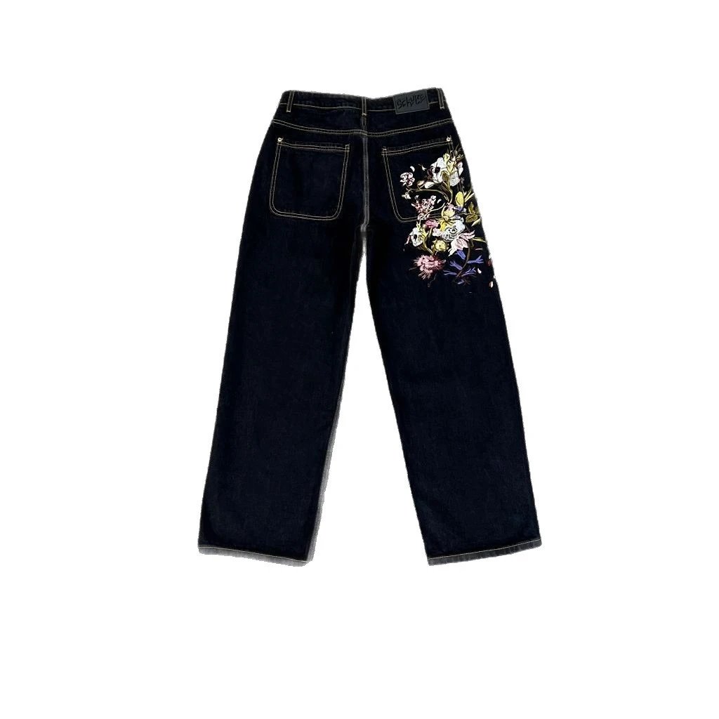 Black Denim Jeans With Floral Embroidery Vintage Style