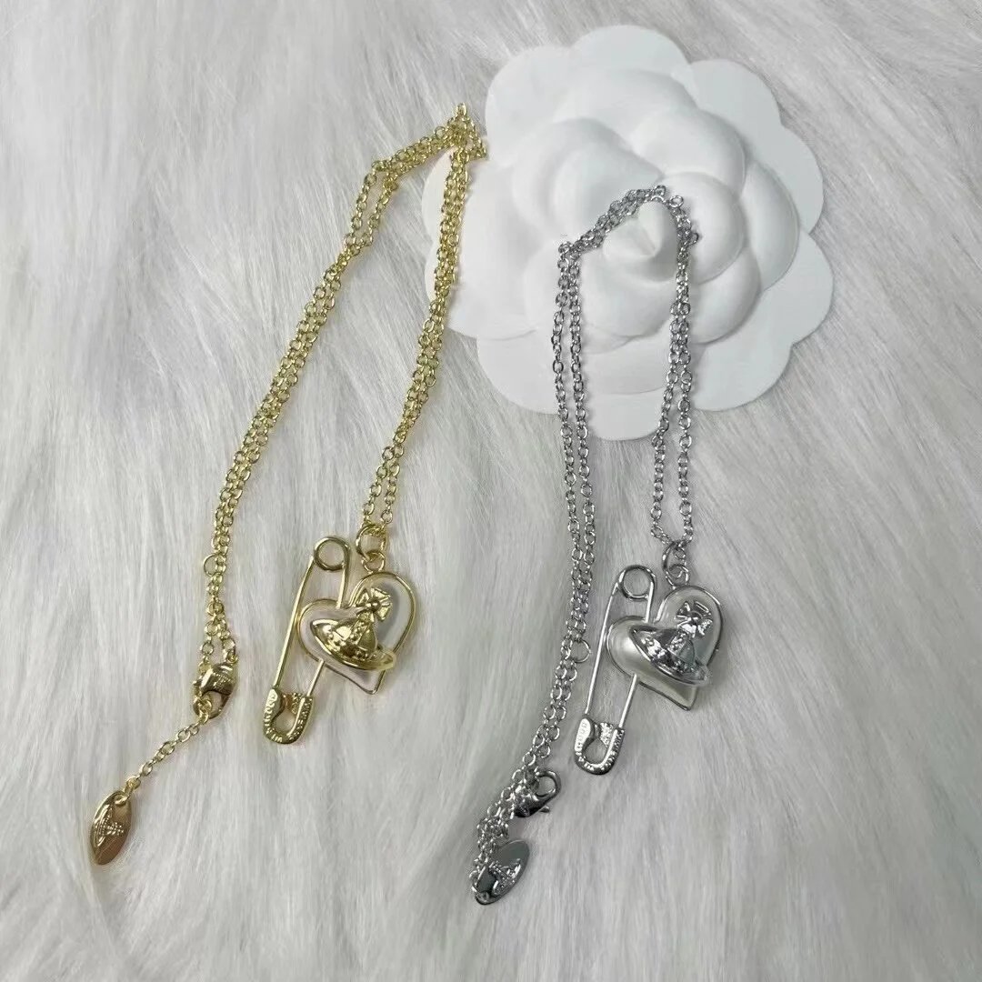Vivienne Westwood Pearl Heart Safety Pin Necklace Silver