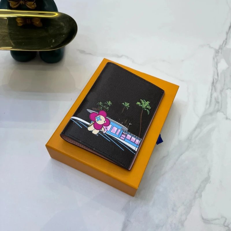 Leather Wallet Black Eiffel Tower Cartoon Print Bifold