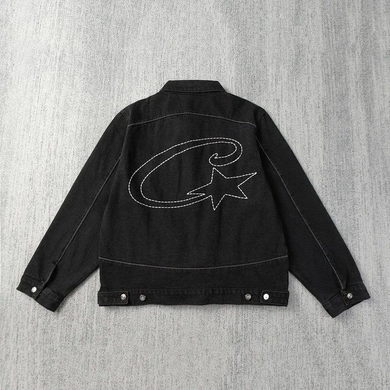 Denim Jacket Classic Gray Black Blue Embroidered Star Trucker