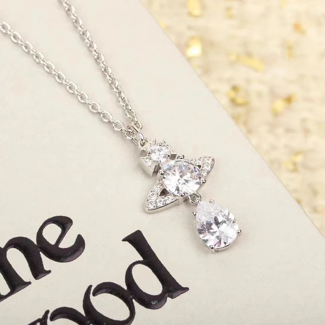 Silver Plated Crystal Pendant Necklace White Elegant Jewelry