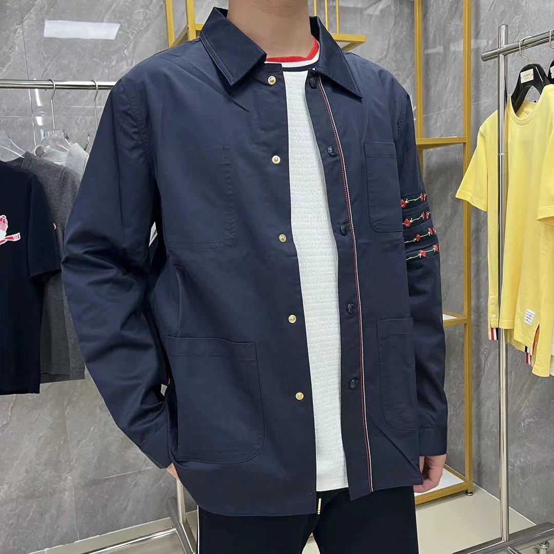 Thom Browne Navy Blue Embroidered Sleeve Shirt