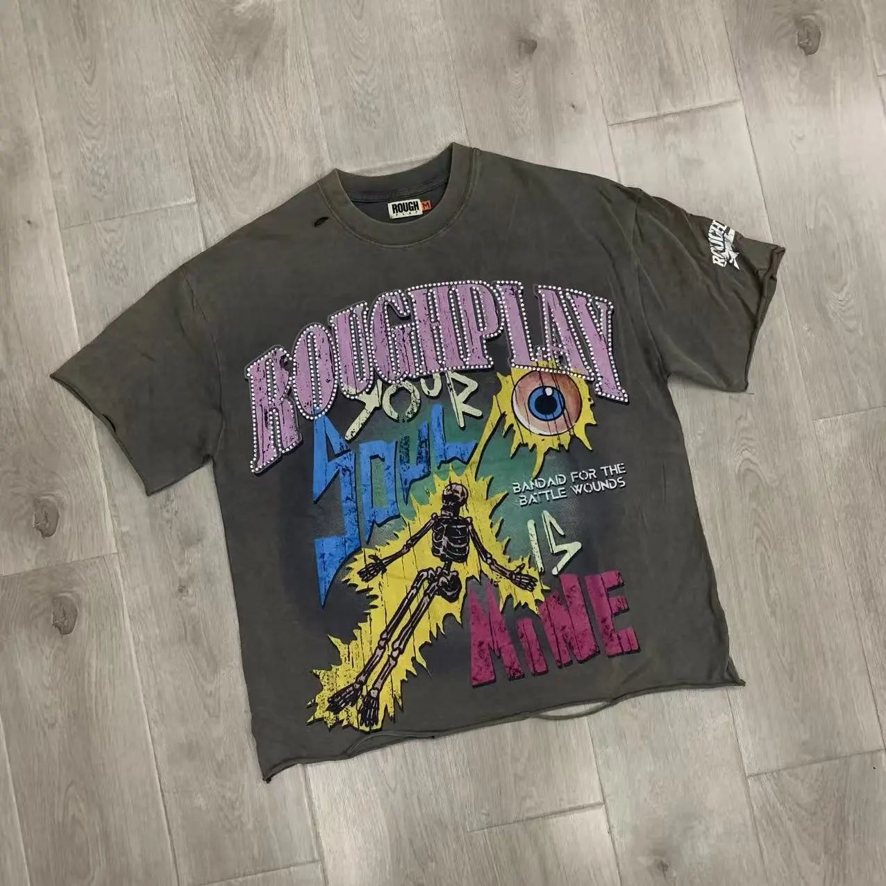 Roughplay Bandaid For The Battle Wounds Charcoal Vintage Graphic T-Shirt