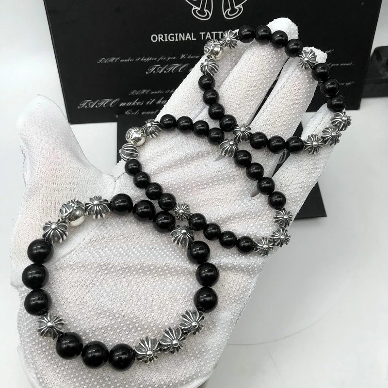 Chrome Hearts Black Onyx Floral Silver Charm Bracelet Set