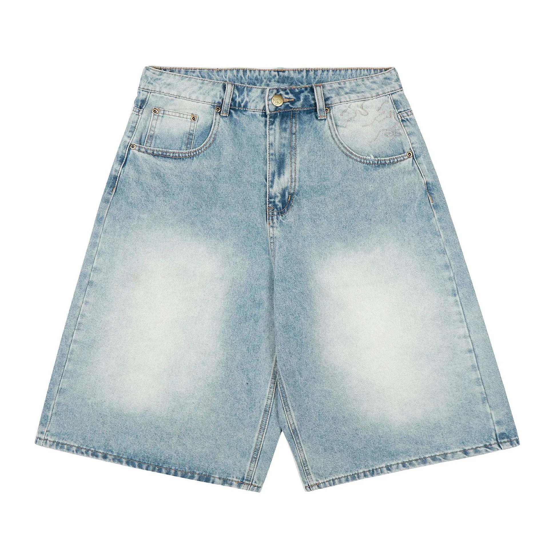 Denim Shorts Light Blue Embroidered Pocket Wide Leg