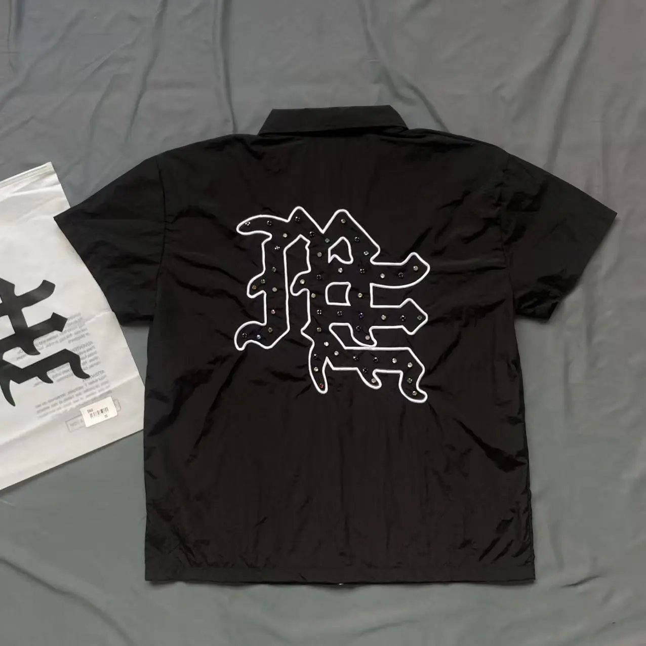 Black Short Sleeve Shirt with Embellished Chinese Character Back Design